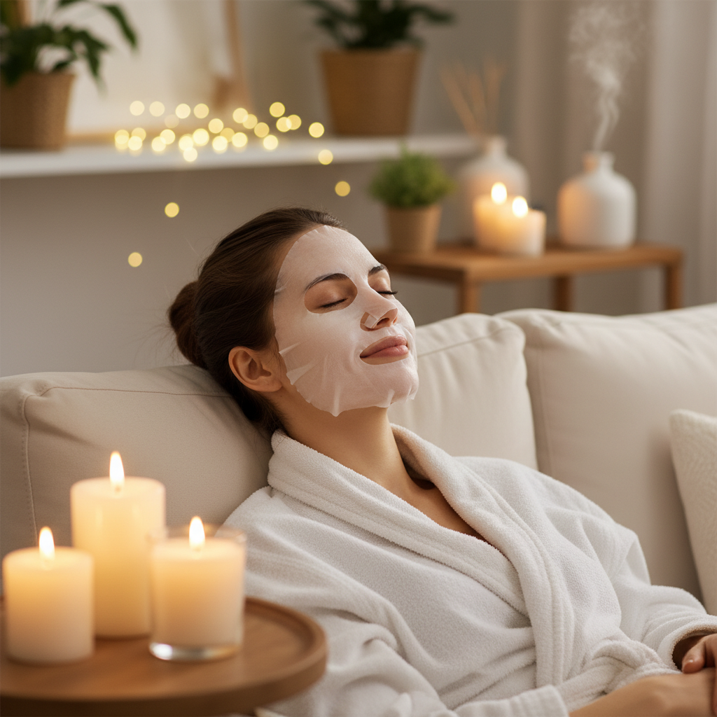 Woman relaxing at home with collagen face mask on, spa atmosphere