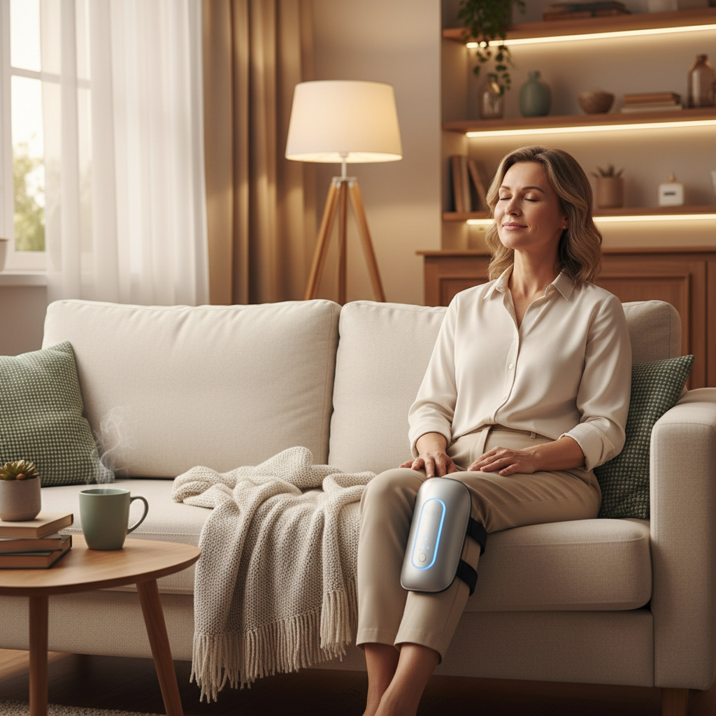 Woman relaxing on couch using electric knee massager with relieved expression