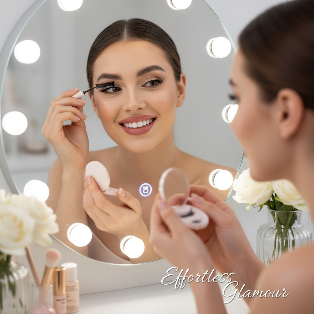 Young woman applying magnetic false eyelashes at vanity mirror with confident smile