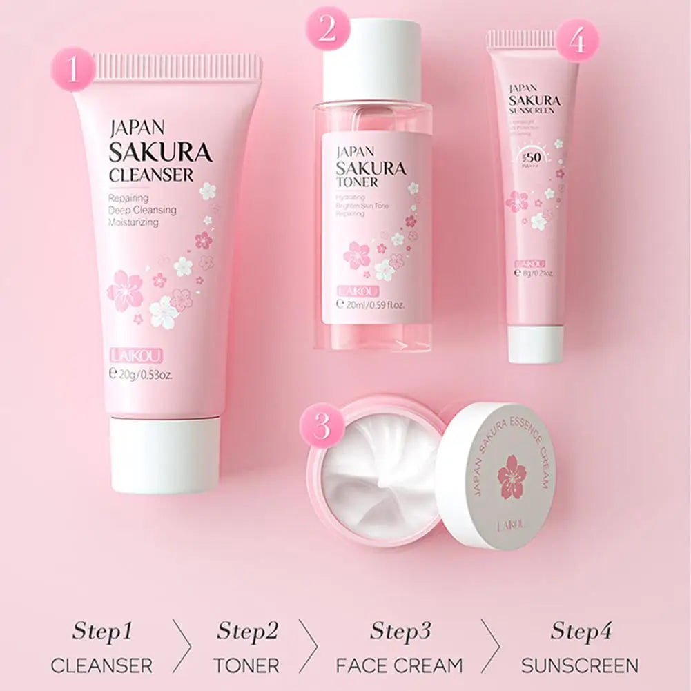 Sakura Skincare Set for Women Cleanser Serum Eye Cream Essence Gift Kit