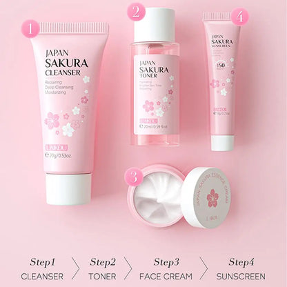 Sakura Skincare Set for Women Cleanser Serum Eye Cream Essence Gift Kit