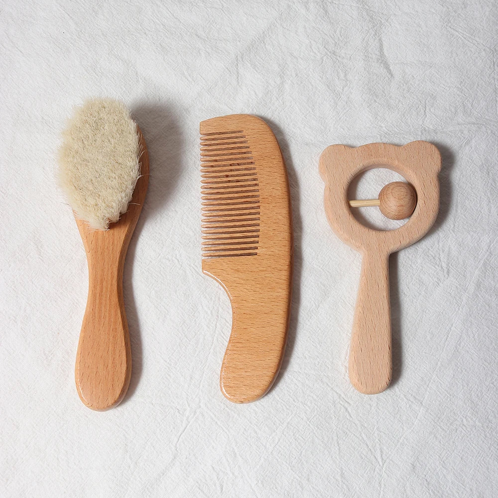 Baby Comb & Brush Set Newborn Grooming Kit Wooden Comb Hair Brush