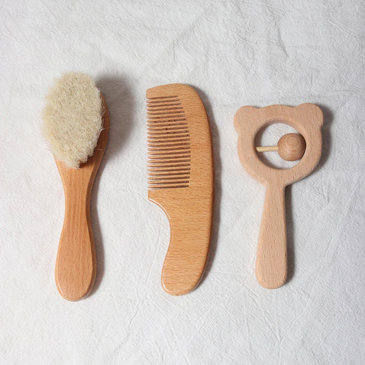 Baby Comb & Brush Set Newborn Grooming Kit Wooden Comb Hair Brush