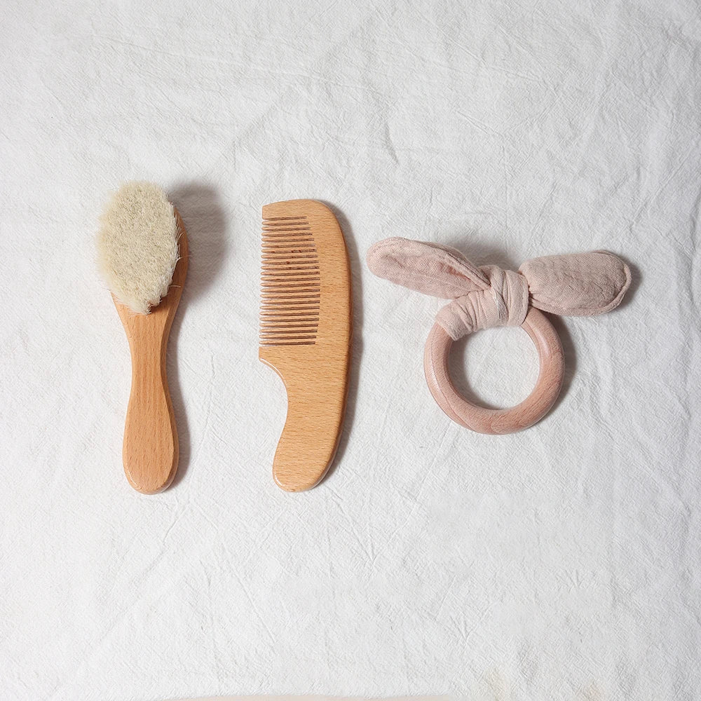 Baby Comb & Brush Set Newborn Grooming Kit Wooden Comb Hair Brush