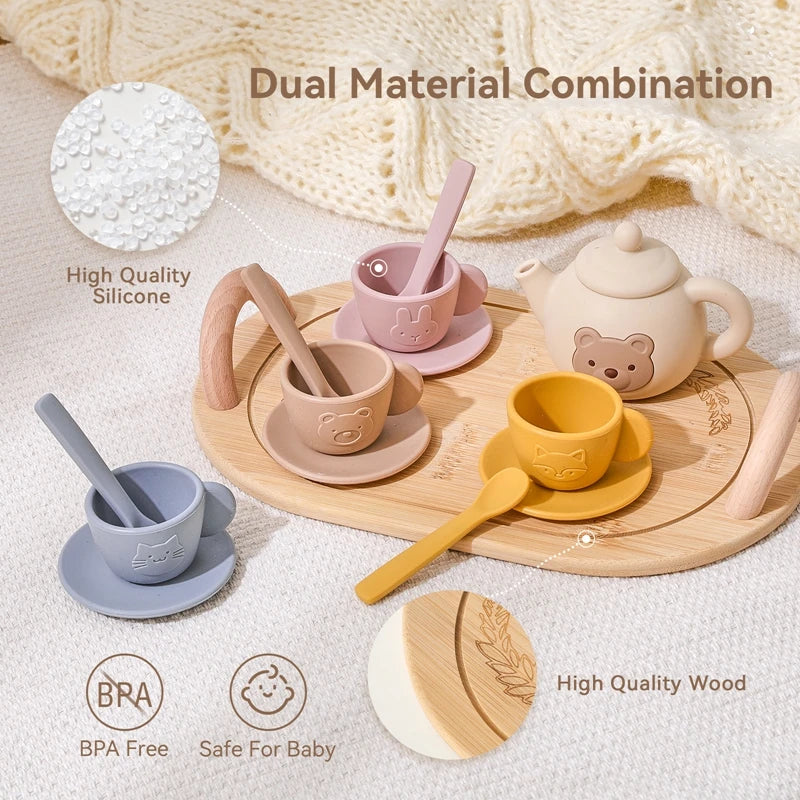 Wooden Tea Set for Kids Pretend Play Tea Party Role Playing Toy