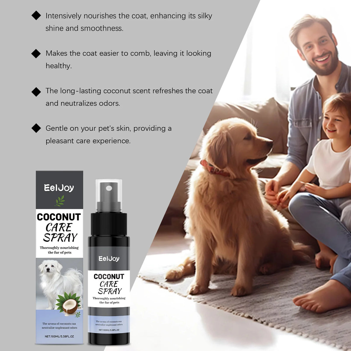 Pet Coconut Grooming Spray Fur Conditioner Odor Care Shine for Dogs Cats
