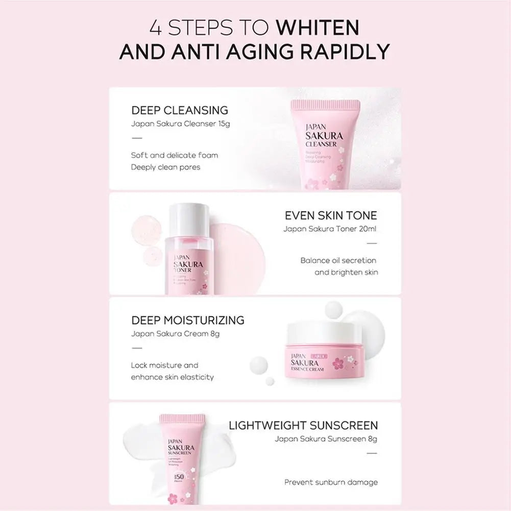 Sakura Skincare Set for Women Cleanser Serum Eye Cream Essence Gift Kit