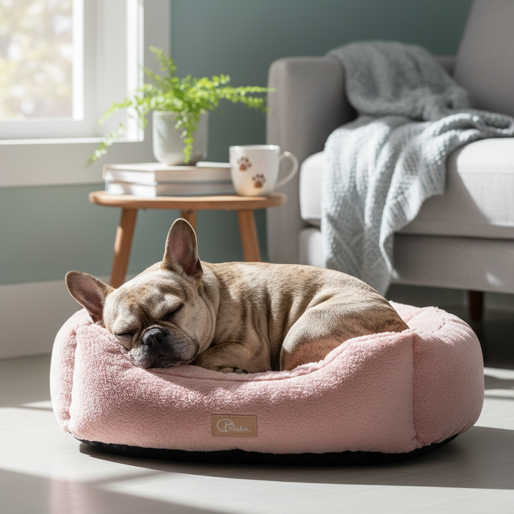 Bully breed dog curled up sleeping in round plush dog bed in cozy living room